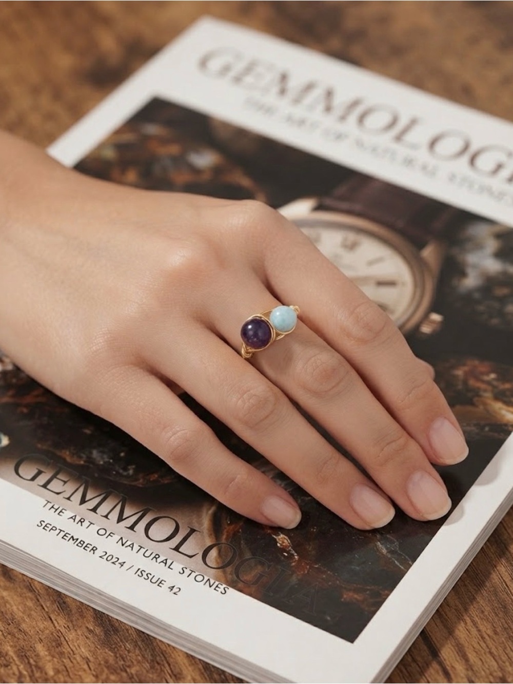 Larimar and Amethyst Gold pl wire wrapped Ring size 8